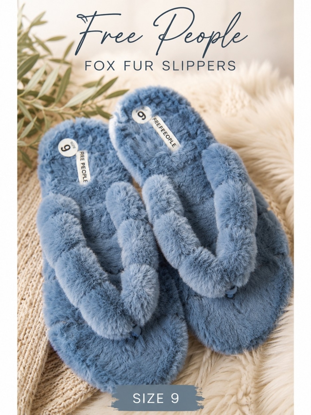 Free People Blue Fox Fur Slippers  9 Like New Cozy Plush House Slides Faux Fur